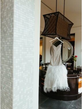 Beaded Bodice Feather Hem Cocktail Dress - Ivory/Silver